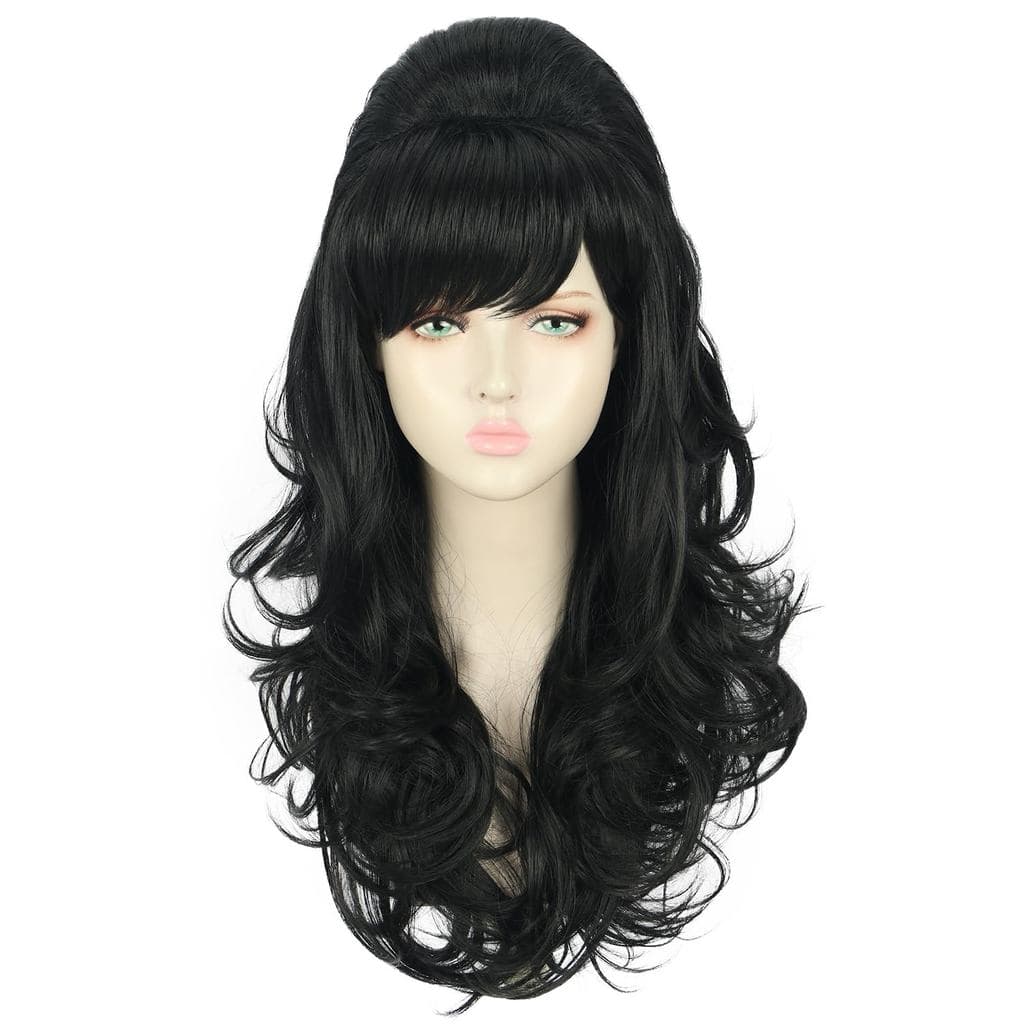 yuehong Longo Preto Ondulado Peruca Feminina Grande Bouffant Colmeia 60s 70s Cosplay Traje Resistente Fibras Sintéticas