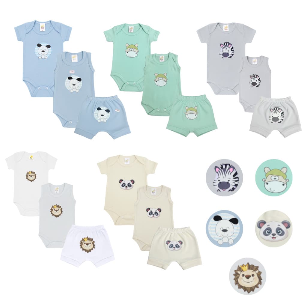 Kit 15 peças Roupa Bebê Enxoval Body Manga Curta Regata e shorts Estampa Bichinhos 100% Algodão