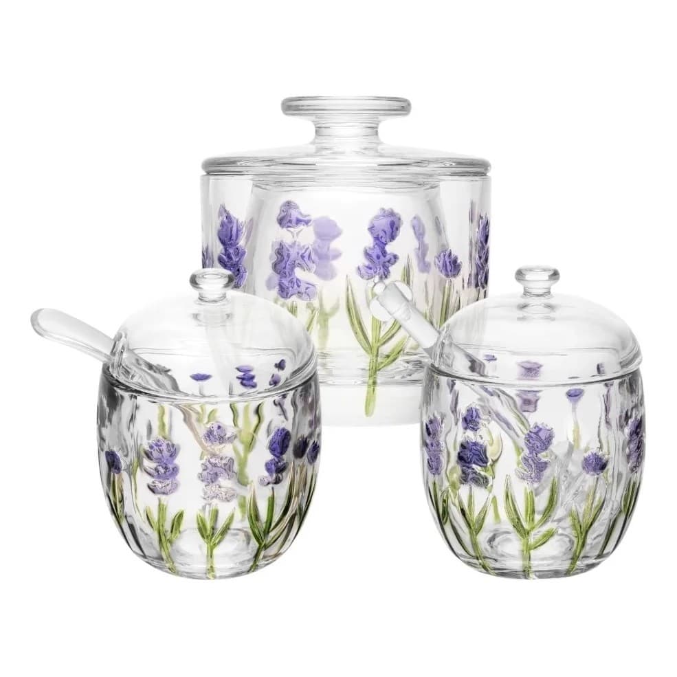 Kit Açucareiro Meleira Manteigueira Francesa Cristal Lavanda