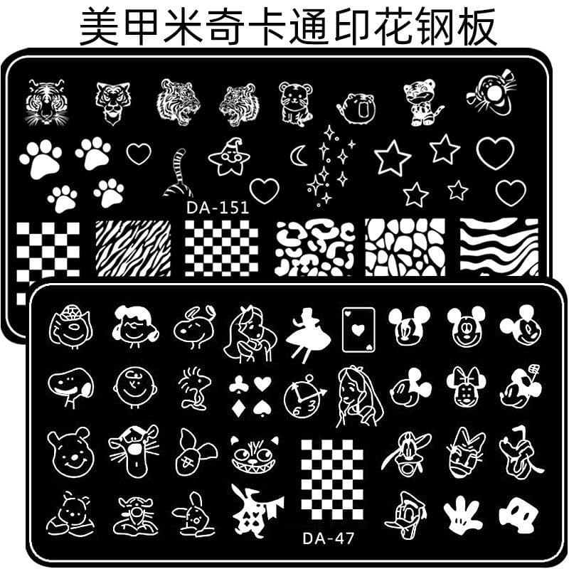 Modelo de placa de aço impresso para Manicure desenho animado Mickey Bunny Cat e Mouse Tiger Pug Panda Bear