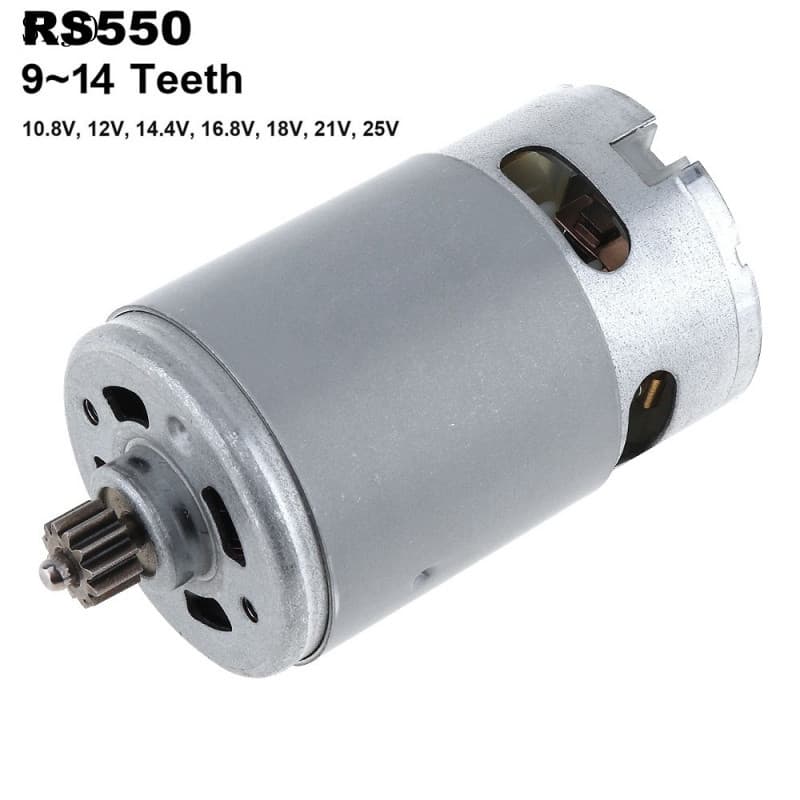 Motor RS550 CC 10.8V/12V/14.4V/16.8V/18V/21V/25V com engrenagem de 9/11/12/13/14 dentes para furadeira elétrica/chave de