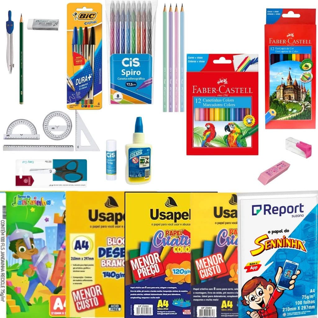 KIT 2 GRAU + PAPEIS + MATERIAIS DE ESCRITA + COMPASSO + LAPIS CANETINHA + BORRACHA + TESOURA + COLAS