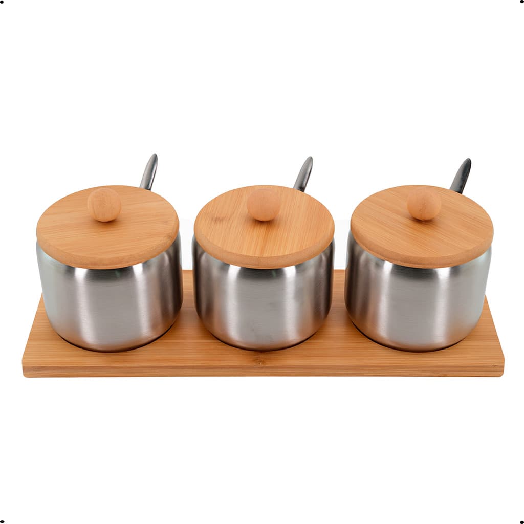 Conjunto 3 Porta Temperos com Colher e Tampa de Bambu – Armazenamento Gourmet