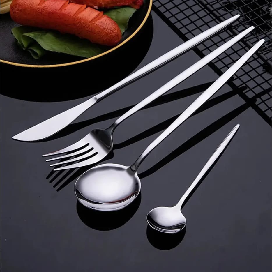 24 Peças  Jogo de Talheres Prata  – Aço Inox Premium (Garfo, Colher e Faca de Mesa)