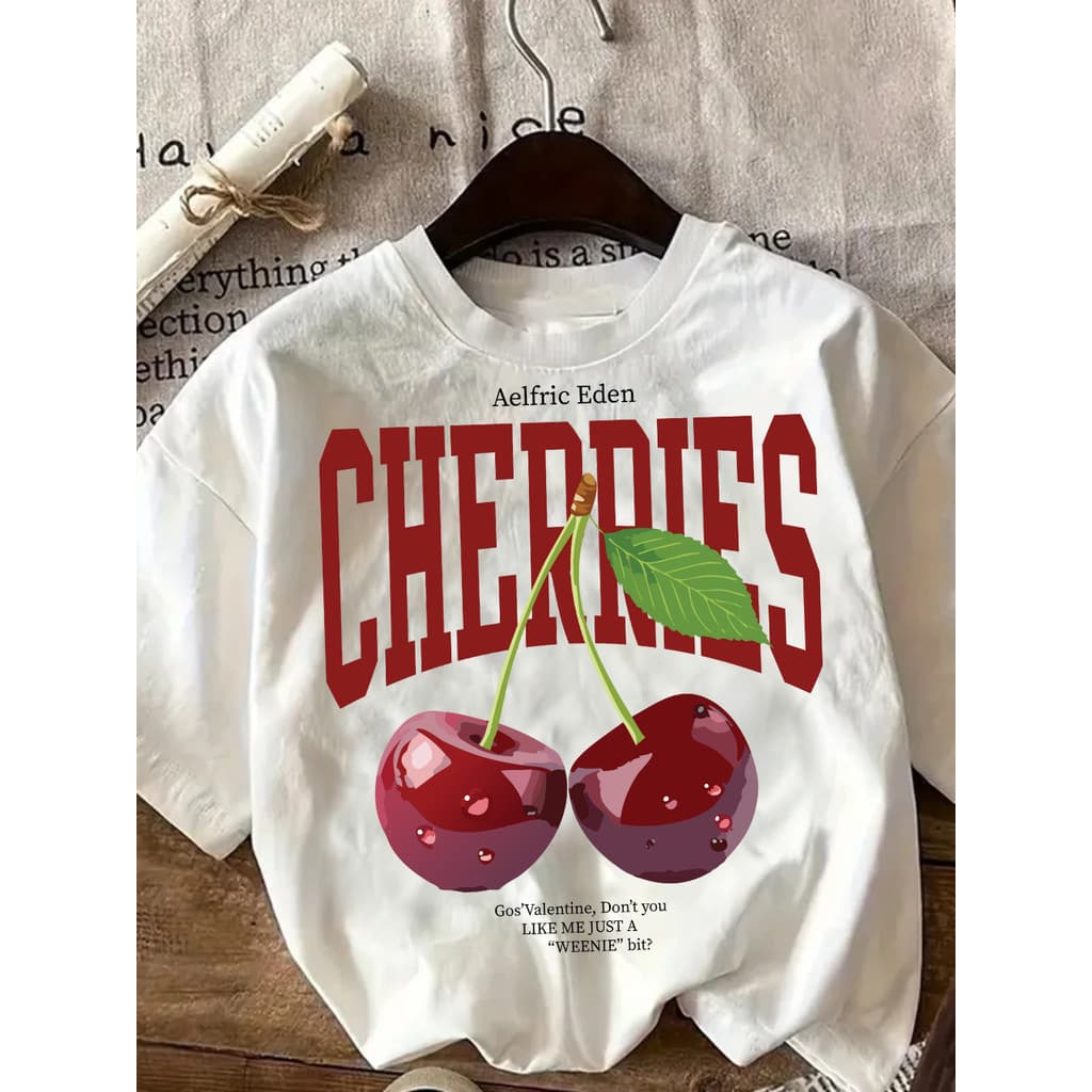 Camiseta Estampa GRANDE Lançamento T-shirt Algodão  CHERRYS Cereja Blusa para Academia Larga  Fresca
