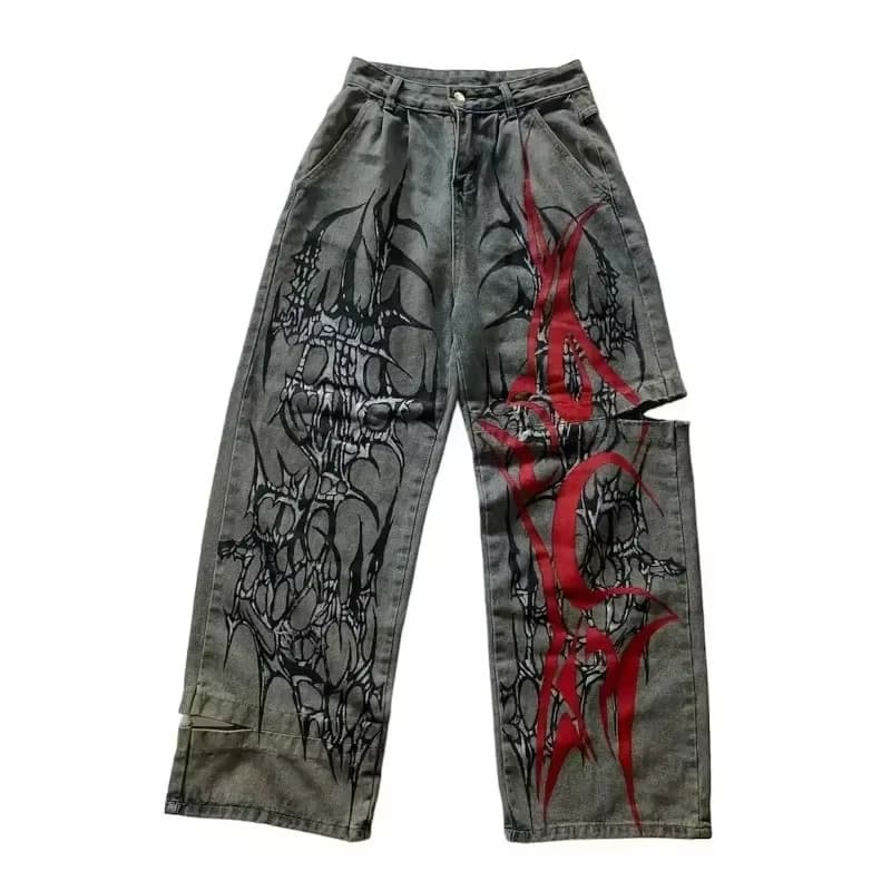 2025 Nova Tendência Americana Retro Hip-hop Bordado Padrão Baggy Jeans Y2K Harajuku Calças Largas Streetwear