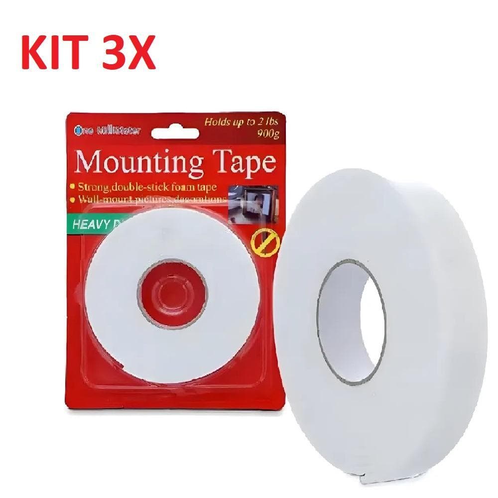 KIT 3 FITA DUPLA FACE FIXACAO PAREDE QUADRO ACESSORIOS ADESIVA ESPUMA COLA BANANA PAPELARIA 3 METROS X 18MM ALTA ADERENC