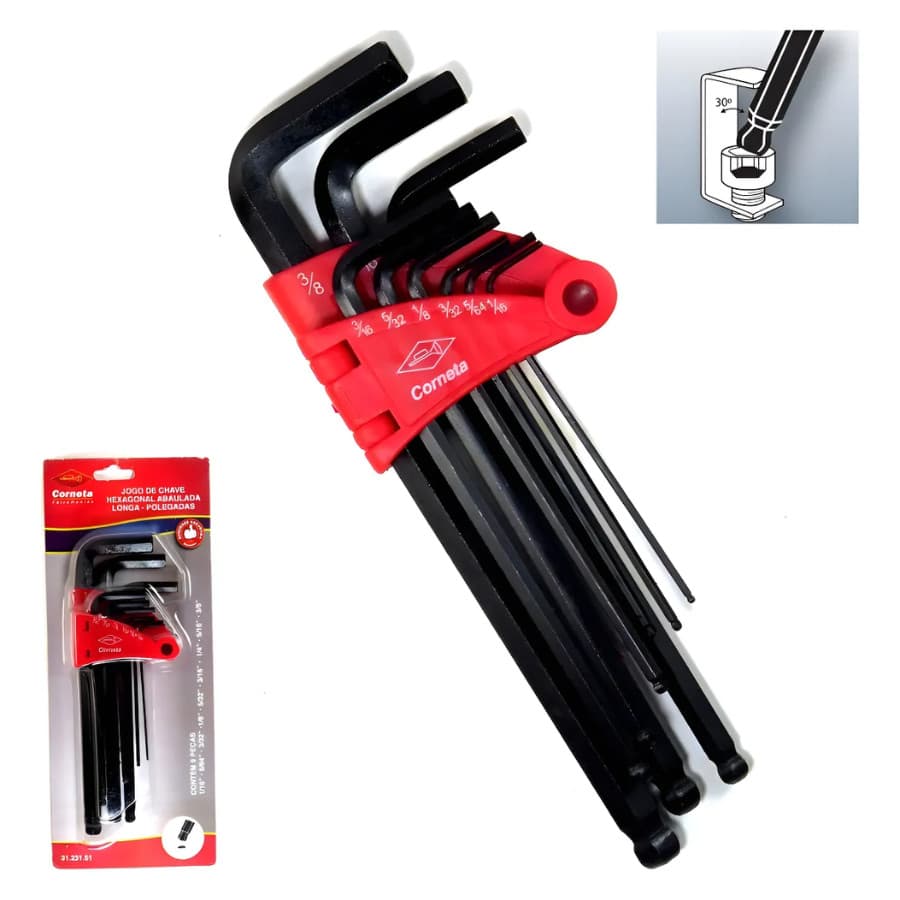 Chave Allen Longa 1/16 3/8 Polegada Abaulada 9 Peças Corneta