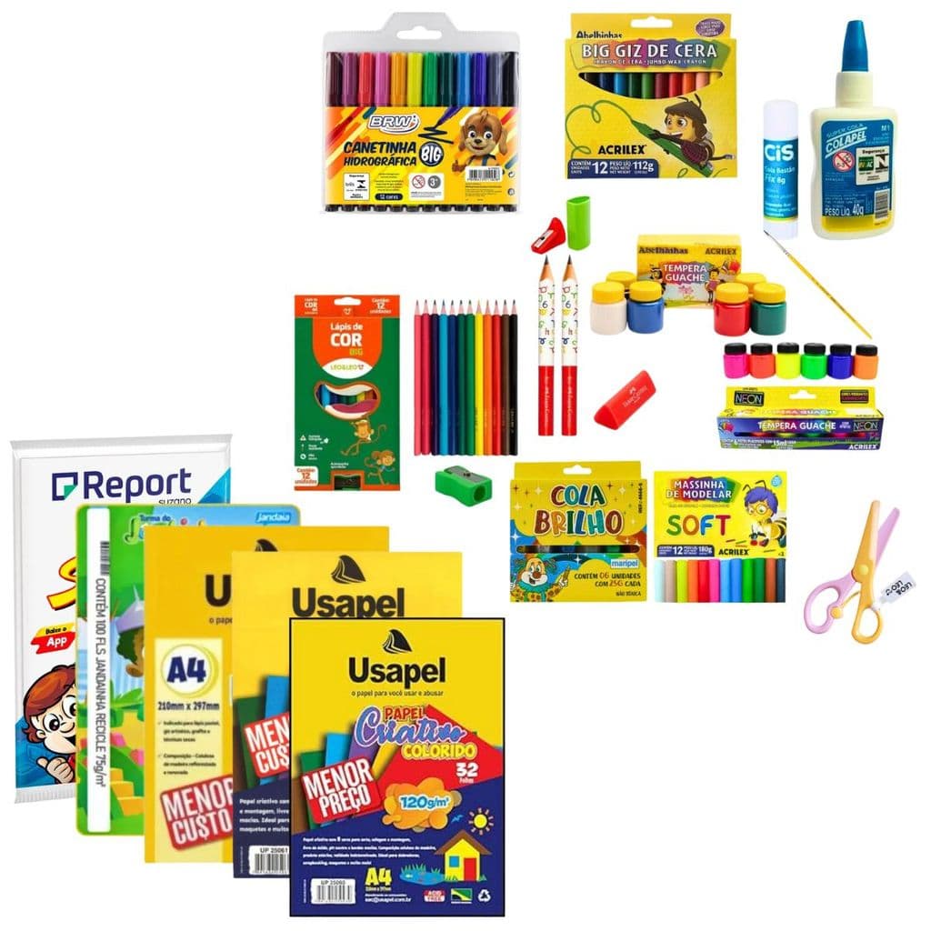 PAPEIS +TESOURA ROSA + MASSA + COLA +CANETA JUMBO + LAPIS 12 CORES LEOLEO + APONTADOR JUMBO FABER