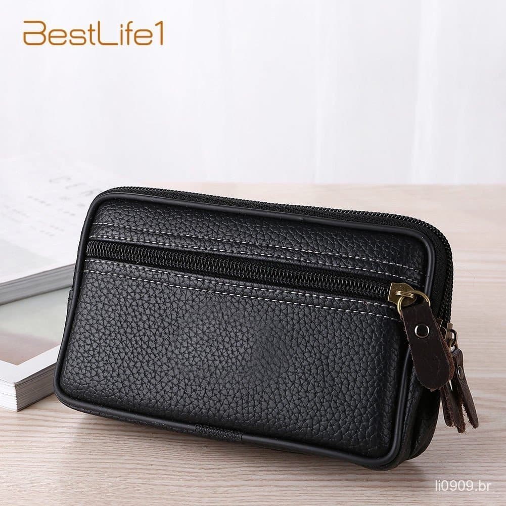 Man Multi-Função Mini Pochete De Couro PU Dupla Camada Zipper Bolsa Para Cartões De Telefone Com Zíper Nylon Multifuncio