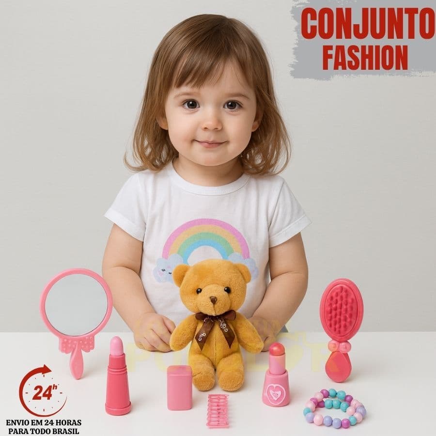 Brinquedo 11 Peças + Ursinho Kit Beleza Fashion Infantil + Acessorios Menina Beauty Fashion