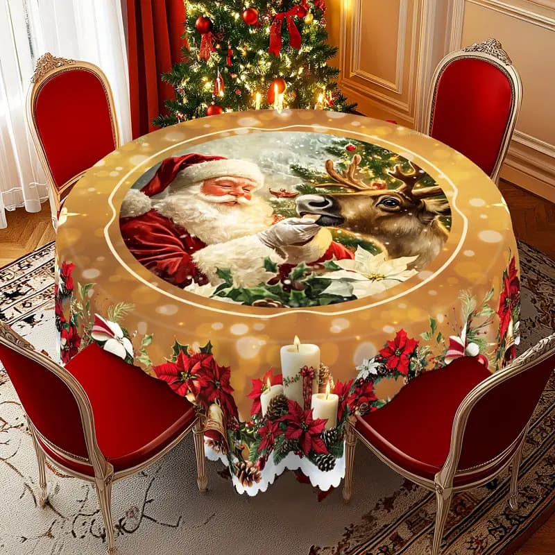 Toalha de Mesa Natal Redonda Toalha Decorativa à Prova d'Água com Boneco de Neve e Floco