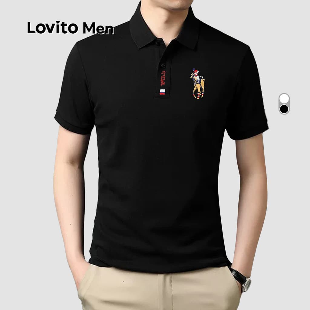 Lovito Men Camisa Polo Casual com Bordado Primavera/verão Camisa Polo Branca para homens LNE122196