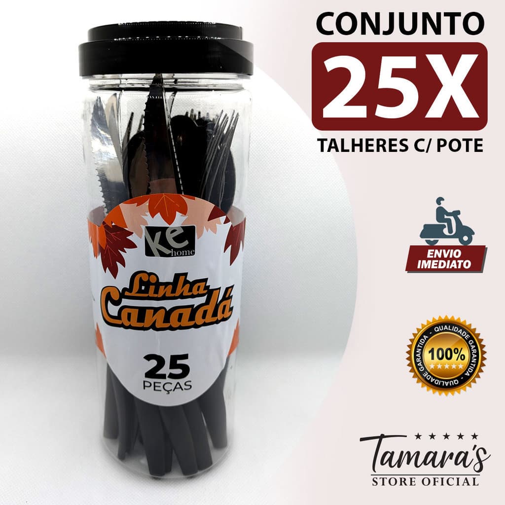Talheres Canadá preto, Kit 25 peças com pote. Moderno, prático e ideal para até 6 pessoas!