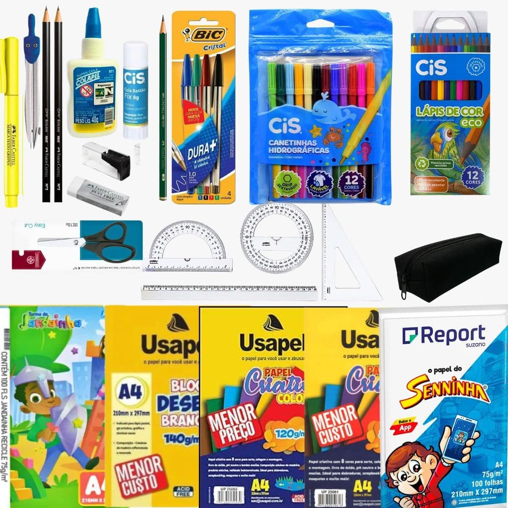 KIT ESTOJO + PAPEIS + MATERIAIS ESCRITA BIC E COLORIR CIS + KIT 2 GRAU + TESOURA + APONTADOR + COLA