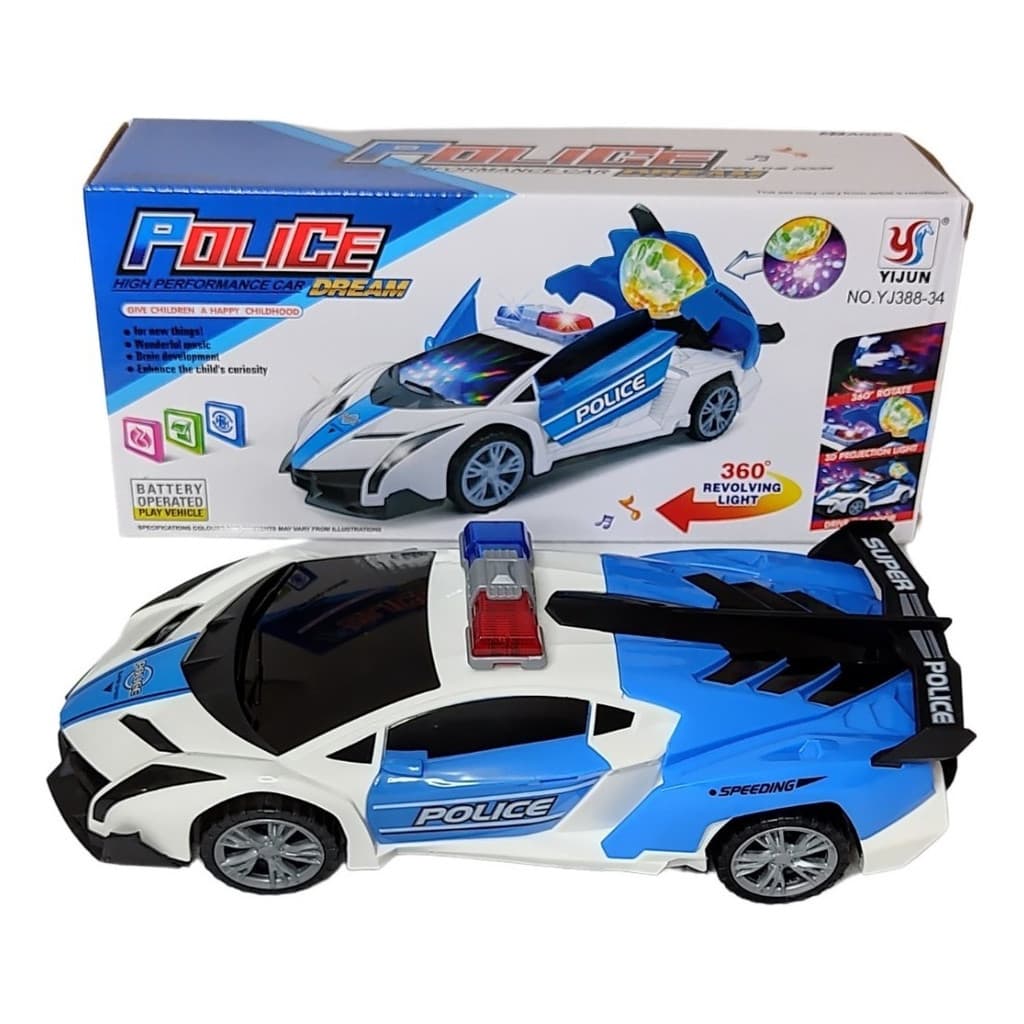 Carro Polícia Maluco Abre Portas Gira 360° Toca Música Personagem Carro De Polícia