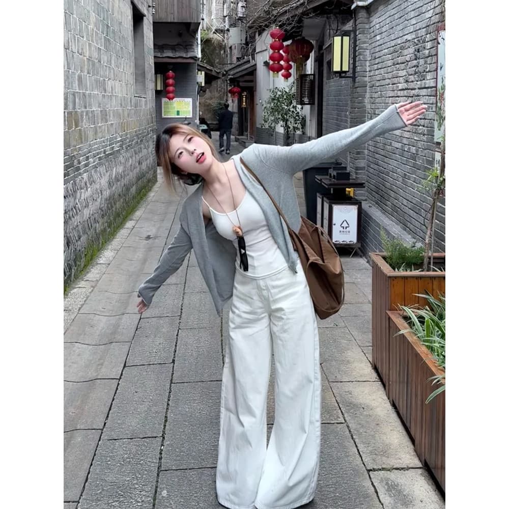 Cardigan protetor solar cinza com estilingue conjunto de duas peças feminino jaqueta fina exterior Wear verão luz blusa