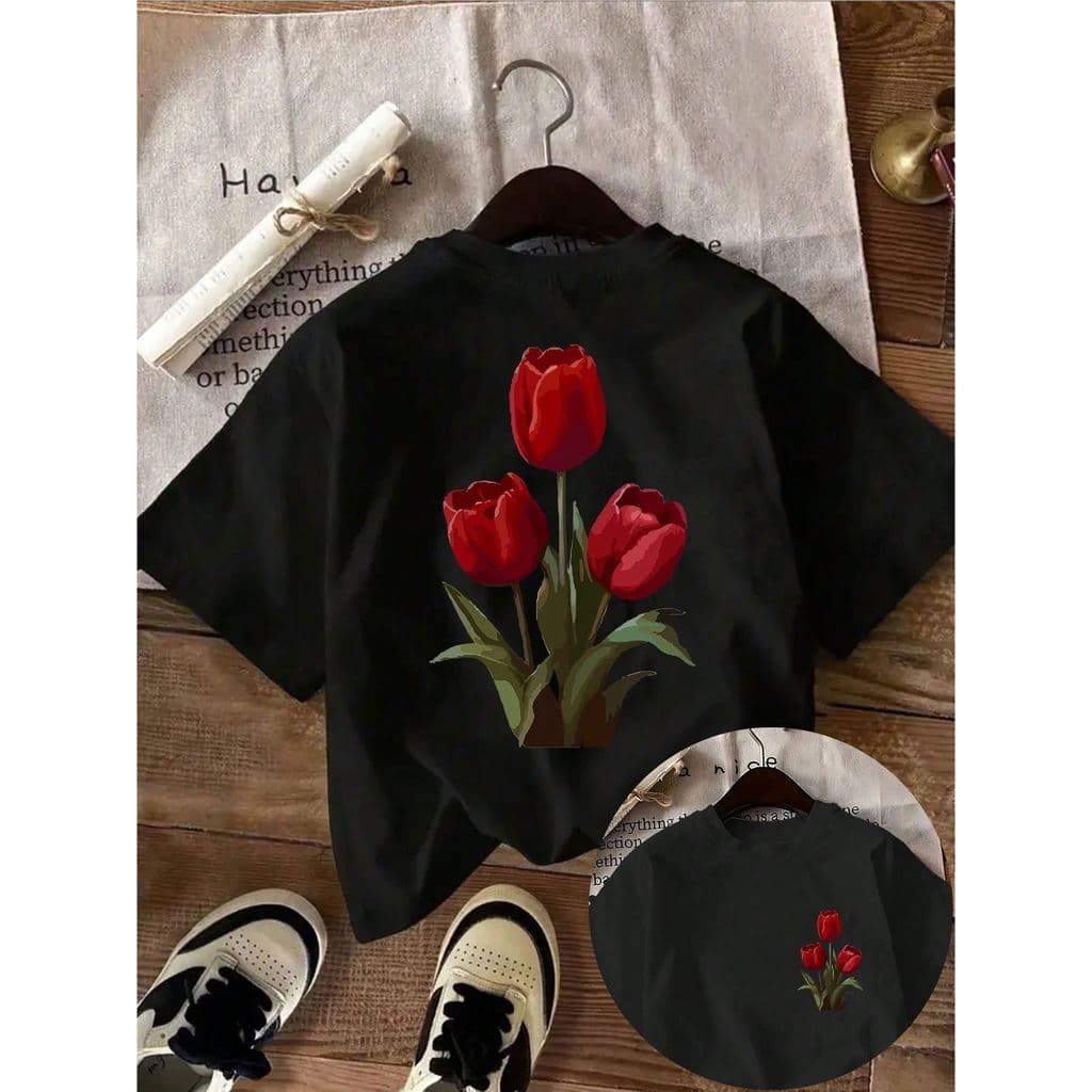 Camiseta Feminina de Manga Curta Estampada Tulipas De Algodão