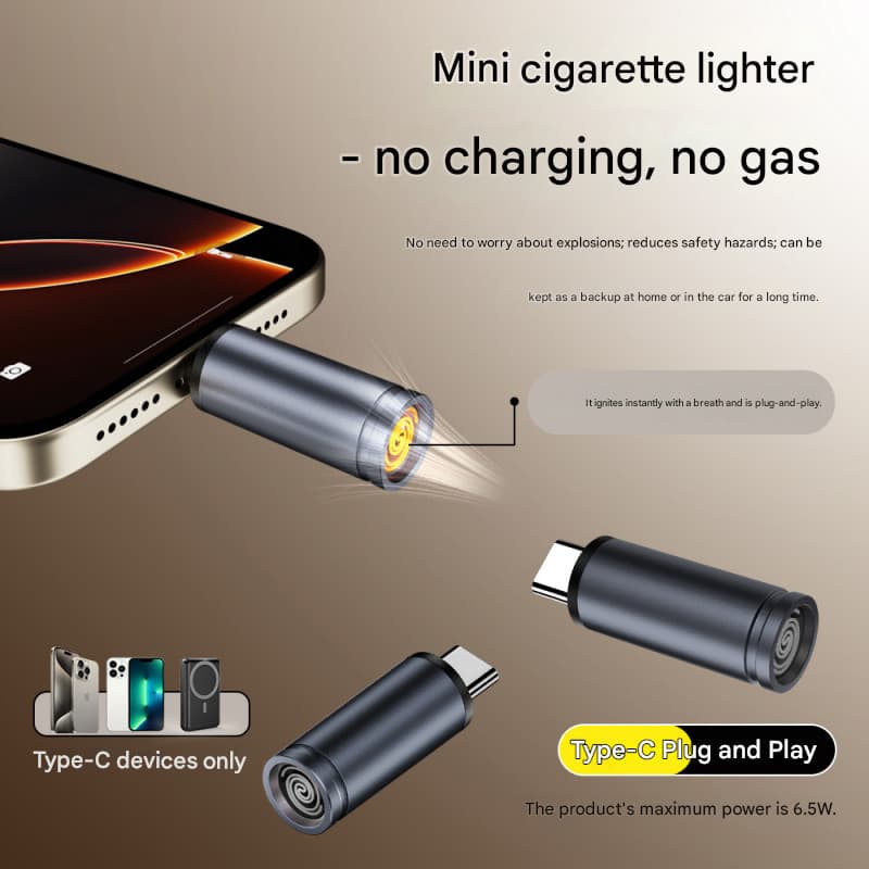 Tipo C Mini isqueiro à prova de vento ao ar livre soprando adaptador de isqueiro USB-C