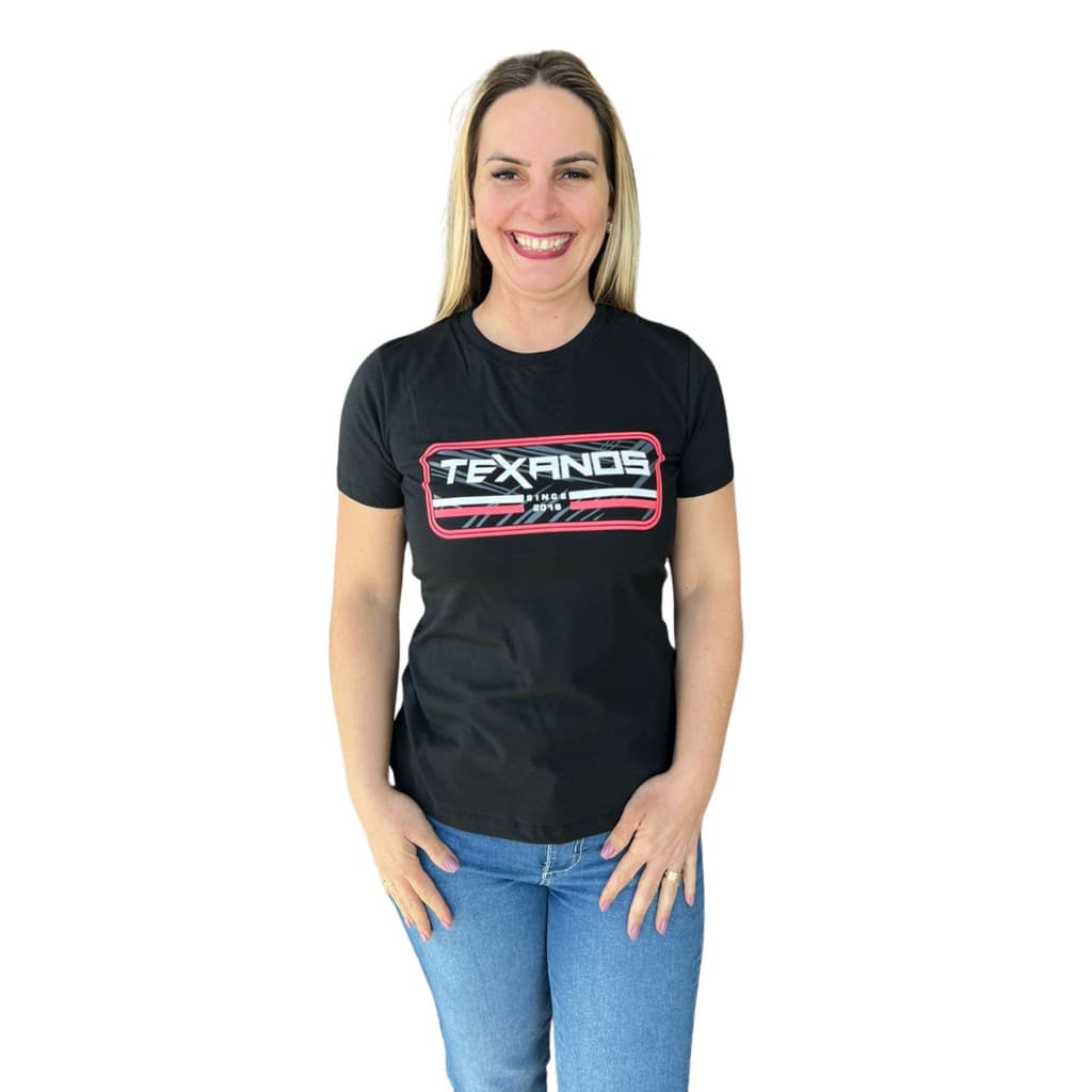 CAMISETA FEMININA TEXANOS MANGA CURTA PRETA ESTAMPADA REF: 12587