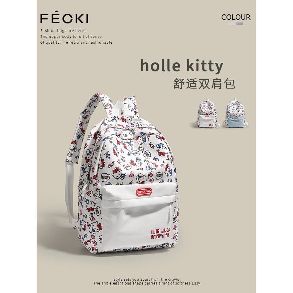 FECKI Mochila escolar para estudantes do ensino fundamental, estudantes do ensino médio, mochila fofa de hellokitty, est