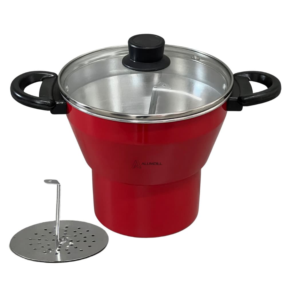 Cuscuzeiro Panela para Cuscuz Cuscuzeira N° 18 de Aluminio Nordestino Vermelho com Tampa de Vidro