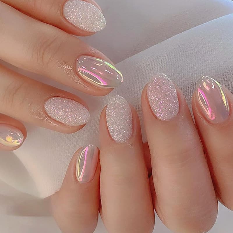 Unhas Falsas Ovais Rosa com Glitter Aurora Reutilizáveis Curtas e Redondas para Meninas Manicure DIY 24pcs