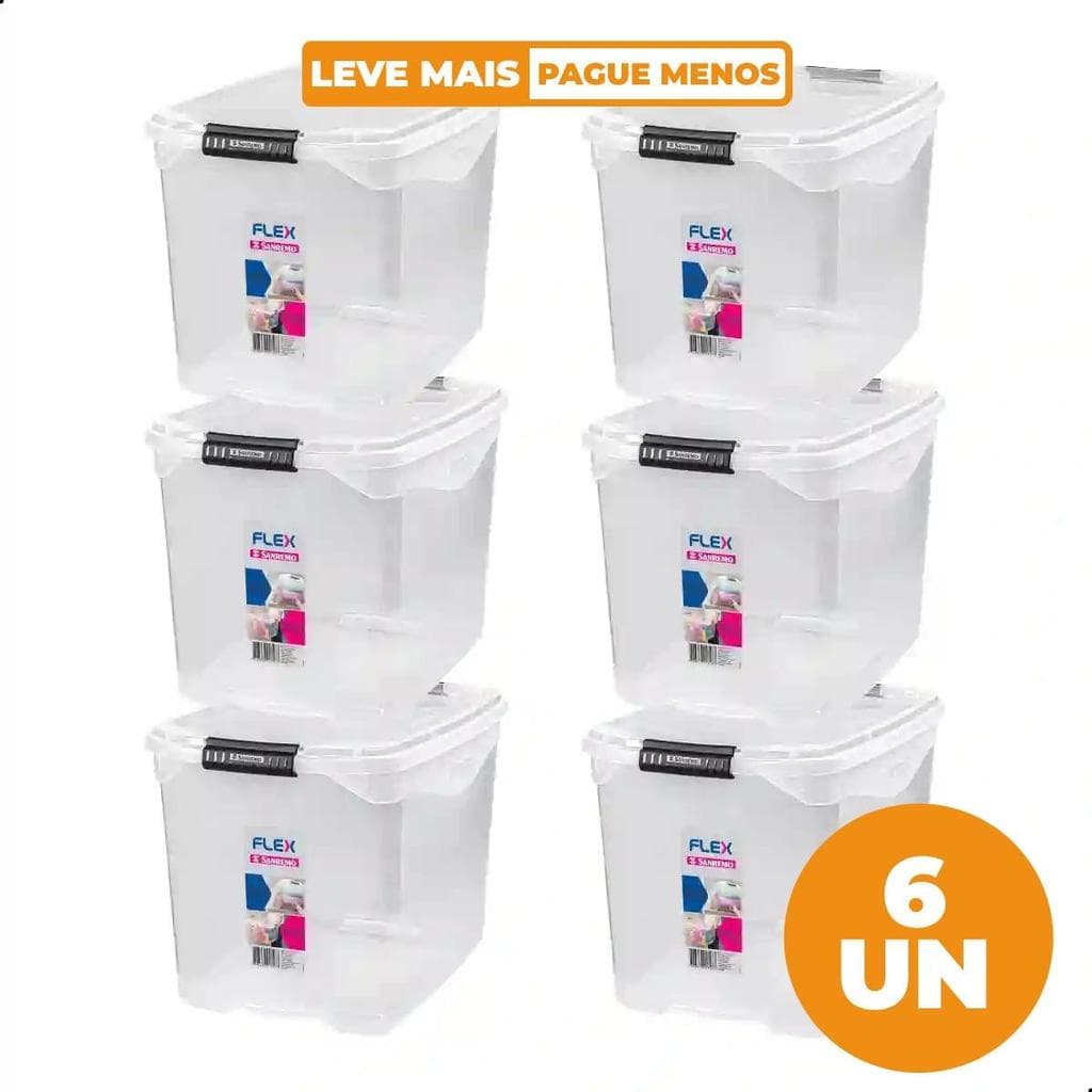 Kit 6 Caixas Organizadoras Transparentes 36L Flex Sanremo