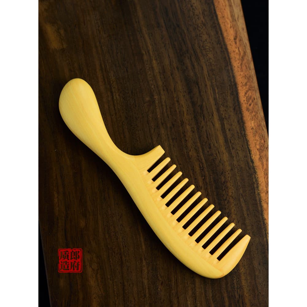 Langfu pente de madeira de folha pequena, tambor redondo, cabo longo, pente de dente grosso, pente de massagem de cabelo