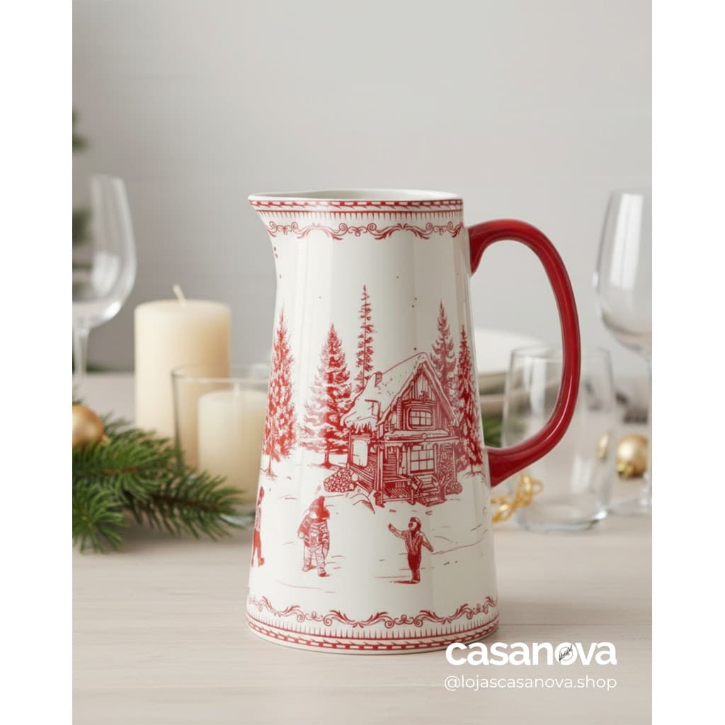 Jarra Decorativa Porcelana Natalina 24x14x18,5cm Vermelho/Branco – Mesa Posta de Natal