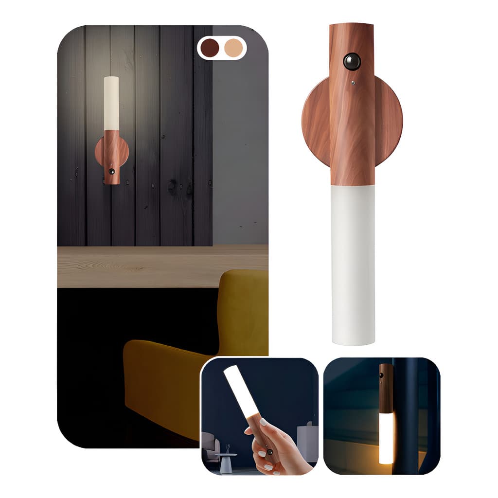 Luminária De Led Parede Sensor Quarto Portátil Usb Imã Mesa Estrutura Madeira Escura