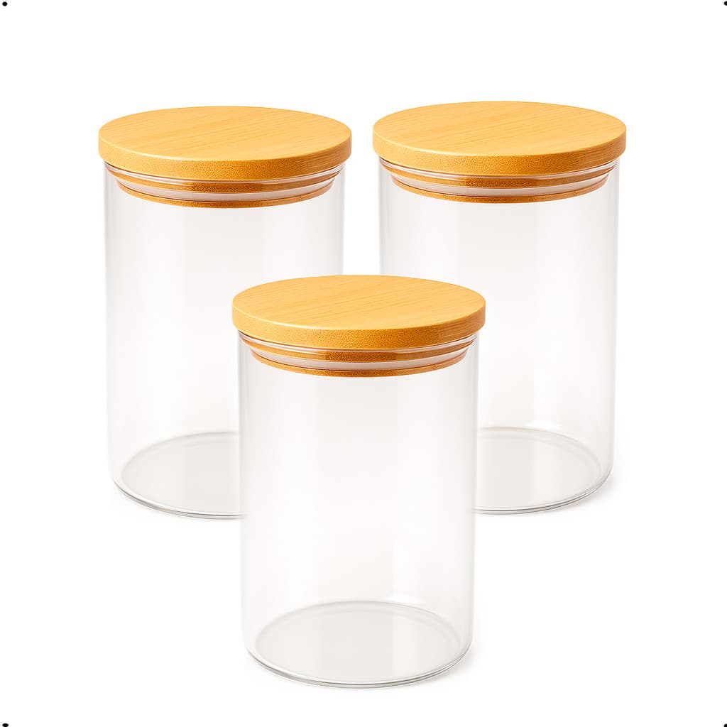 Pote Hermético Vidro Borossilicato Redondo Com Tampa de Bambu 750ml