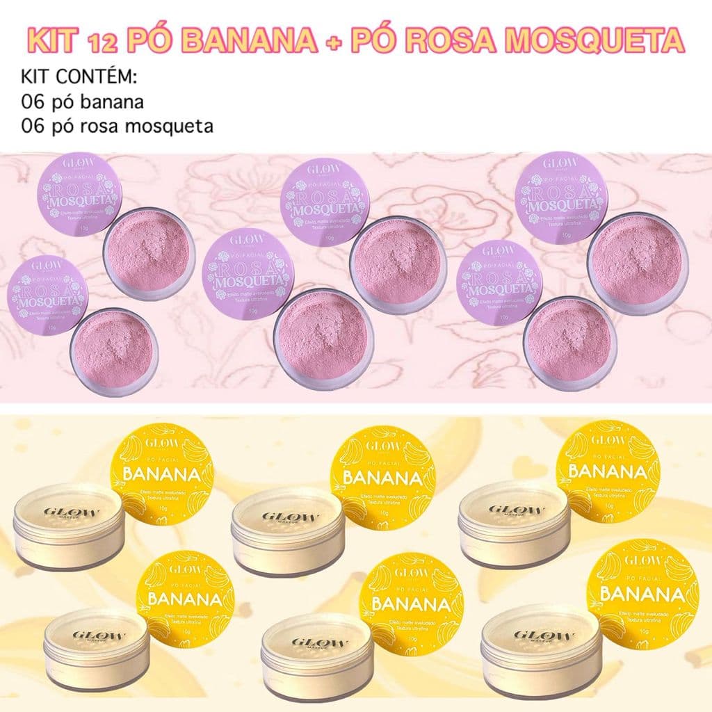 Kit com 12 Pó Solto Banana Powder + Pó Solto Rosa Mosqueta Ultra Fino Efeito Matte Glow Makeup
