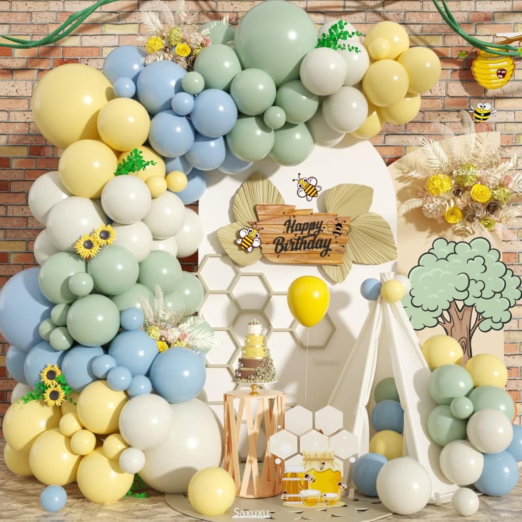 Kit Balões 100 Peças Verde Azul e Amarelo | Decoração Delicada e Moderna Arco Desconstruído + Fita