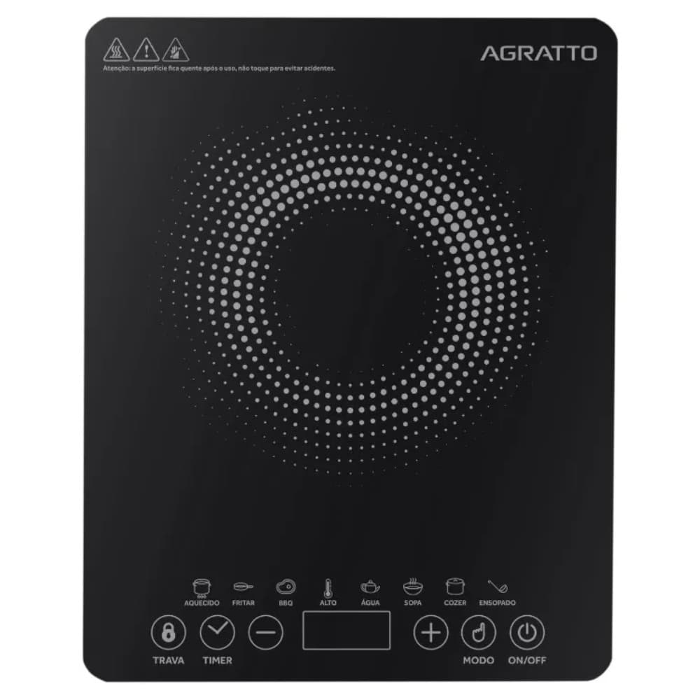 Cooktop de Indução 1 Boca Agratto ACKI01I-02 2000W 220V – Mesa de Vidro Preto, Potente e Compacto