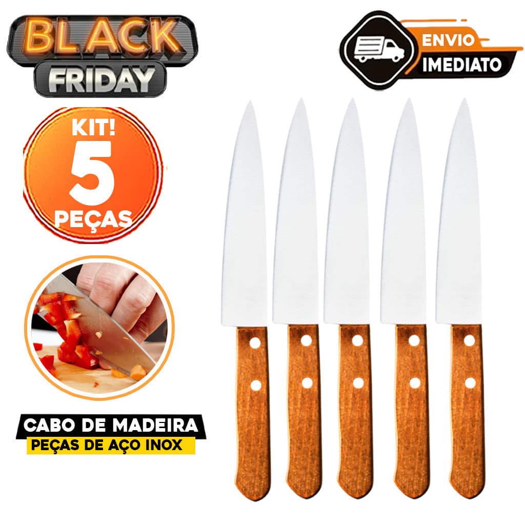 Kit 5 Faca Inox Cabo de Madeira 6 Polegadas Excelente Para Cortar Os Alimentos Para Cozinha Casa Açougue Restaurante