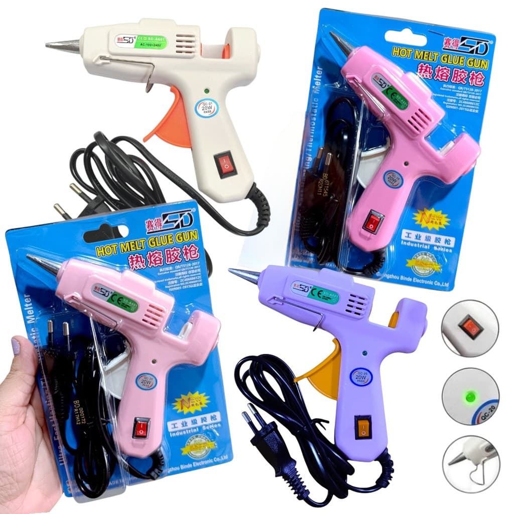 Pistola de Cola Quente 20w Colorida Pequena Bivolt Botão Liga/Desliga Cola 7mm Bico Fino Chinesinha Profissional