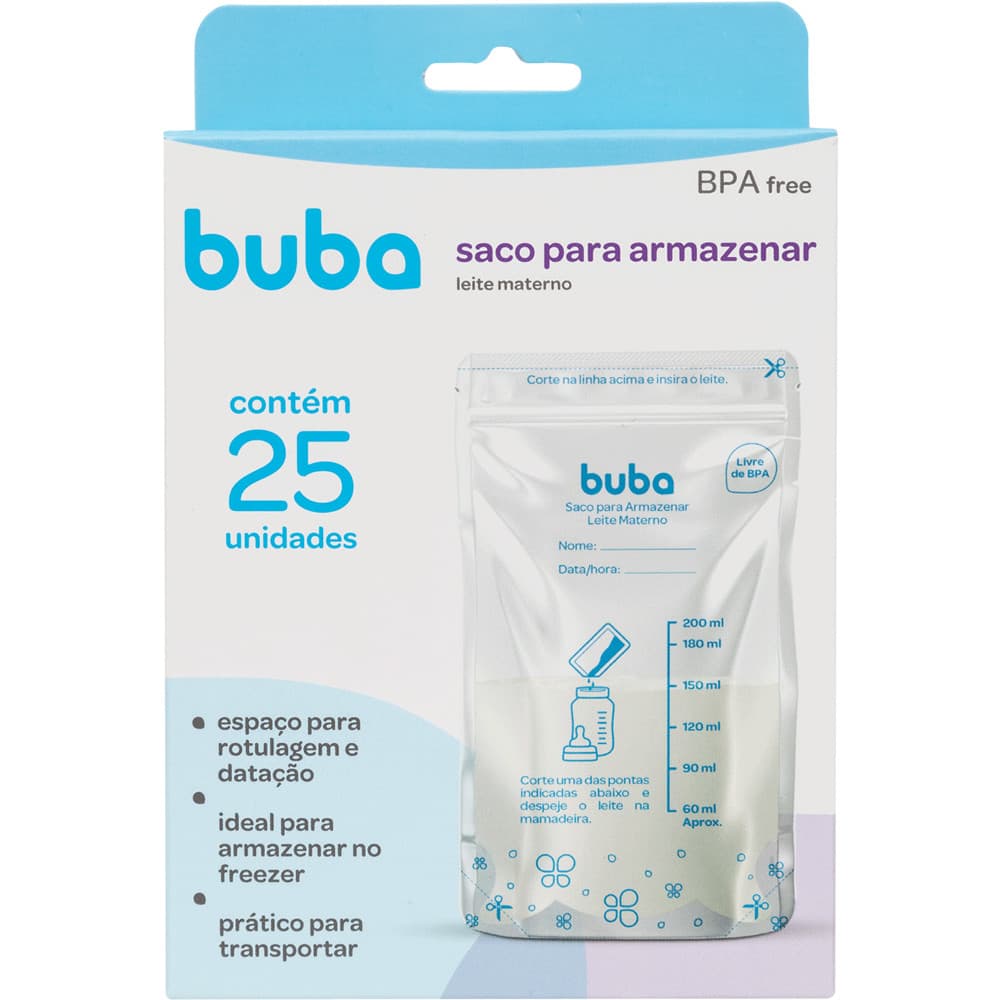 Saco para Leite Materno Buba 200ml | 25 Unid e 50 Unid | Zíper Duplo