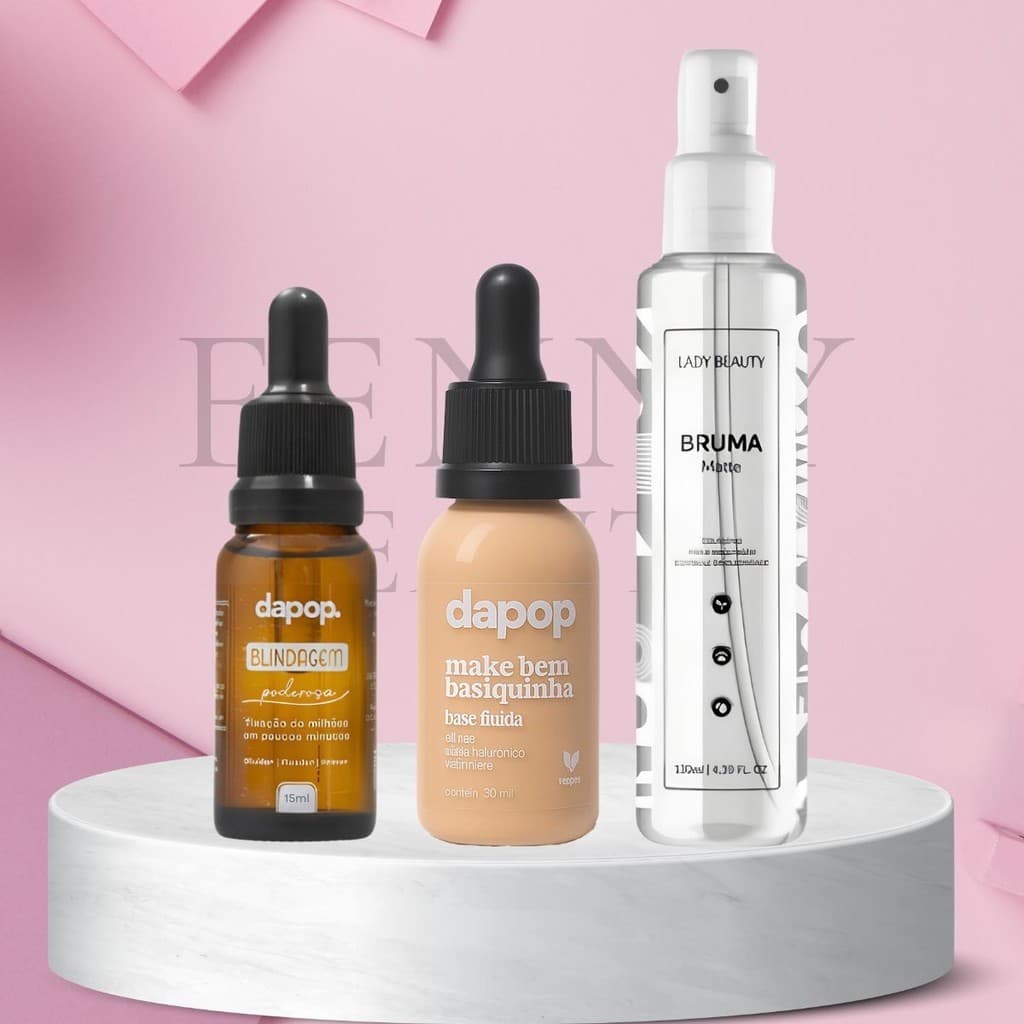 Kit Blindagem Poderosa 15ml Dapop+Bruma Fixadora Matte Lady Beauty+Base Fluída Make Basiquinha Dapop