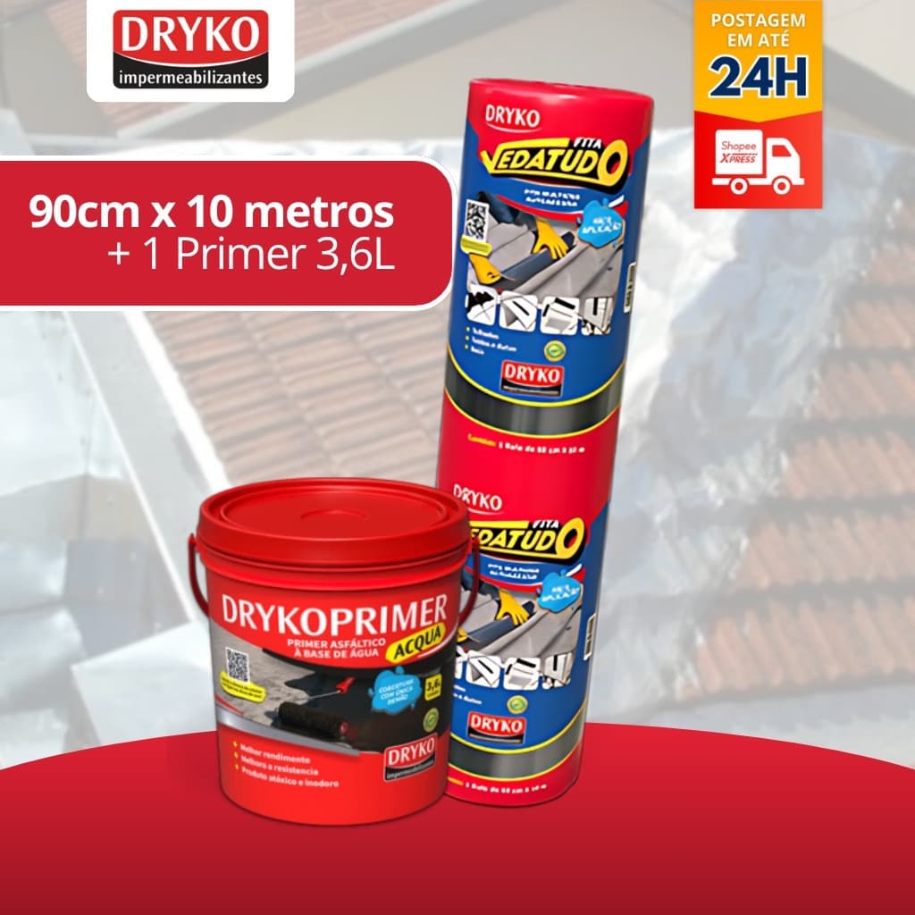 Fita Manta Asfáltica 90cm + Primer Asfáltico 3,6 Aluminizada Telha Laje Vedatudo - Dryko