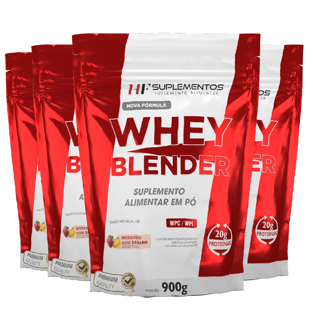 4X WHEY BLENDER CONCENTRADO MORANGO C/ BANANA 900G HF SUPLEMENTOS
