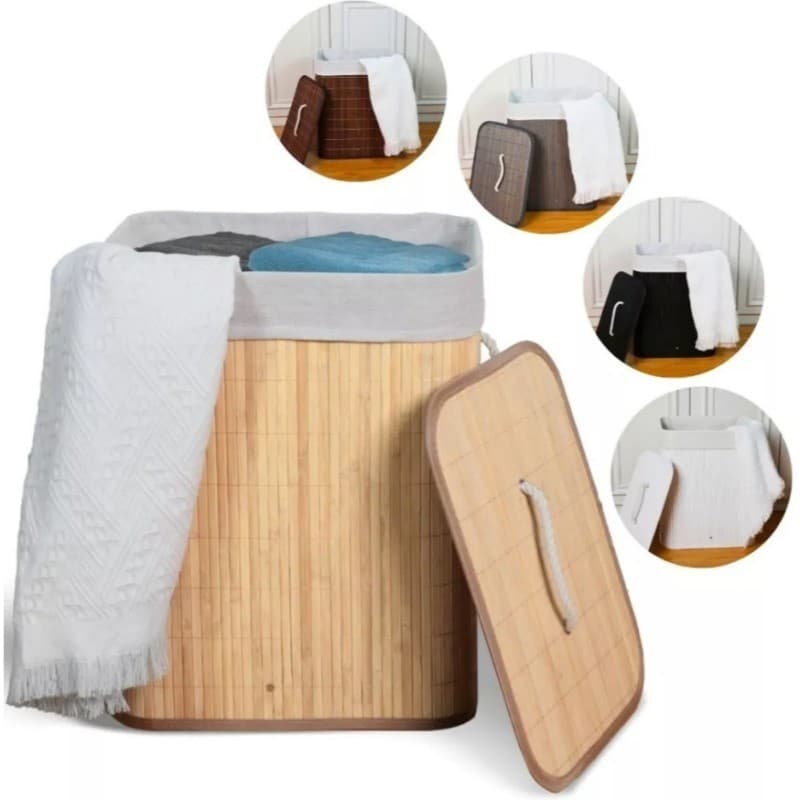 Cesta dobrável de bambu para roupas sujas com forro Cesta de armazenamento para banheiro Cesta retangular grande de 70 c
