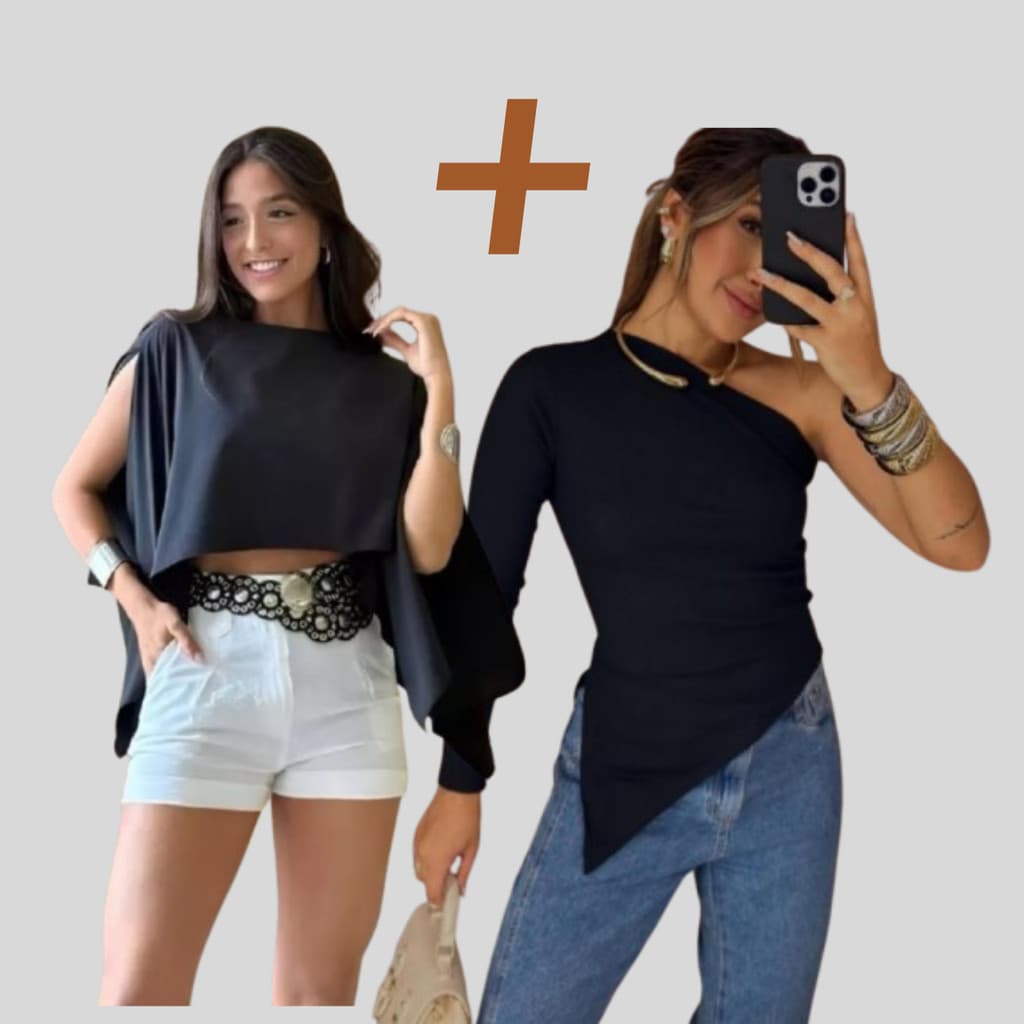 Kit 2 Blusas Femininas – Capa Boho Chic Versátil + Blusa Assimétrica Nula Manga Ribana | Tendência Verão