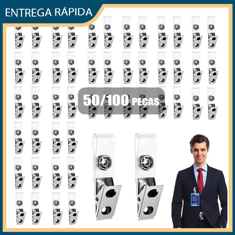 50/100x Clipe de metal para crachá + cordão de PVC transparente Clipe com dois orifícios para crachás e porta-crachás