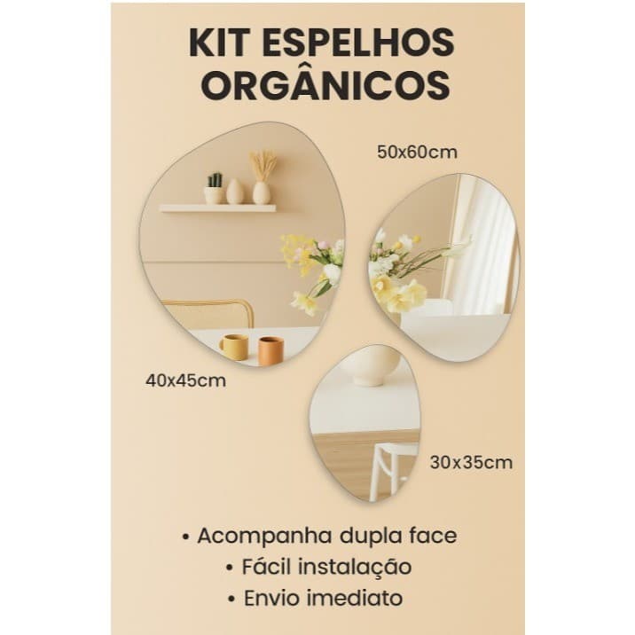 Kit 3 Espelhos de vidro  Orgânico Decorativo Lapidado Moldura Sem Moldura e com kit para instalação