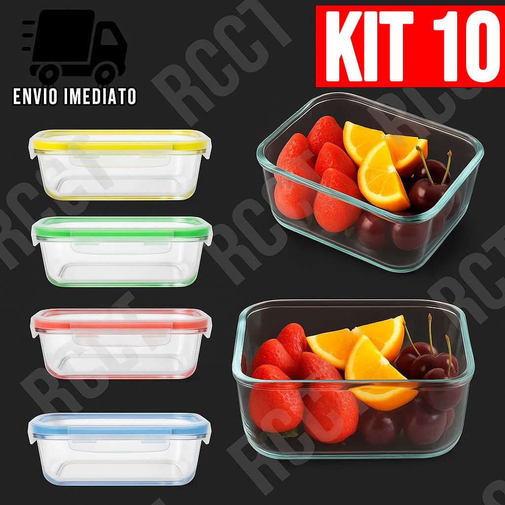 Kit 10 Pote de Vidro Refratário 1040ml com Tampa Hermética  Freezer e Micro-ondas