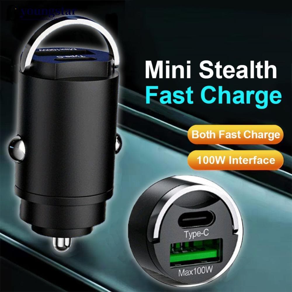 YOUNGSTAR 200W Mini Carro Porta Dupla Carregador Usb Tomada De Carregamento Rápido 100w PD Tipo C Portas Duplas De Metal