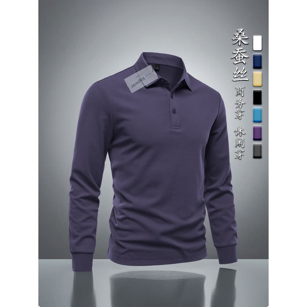 Primavera outono novo estilo masculino seda amoreira camisa POLO de manga comprida 2025 negócios Casual topo High-End pe