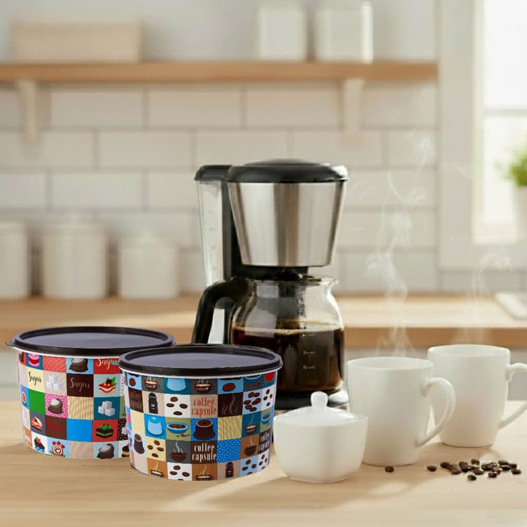 Kit Jogo De Lata Porta Mantimentos Plástico Decorado Organizadar Café Açúcar 2 litros