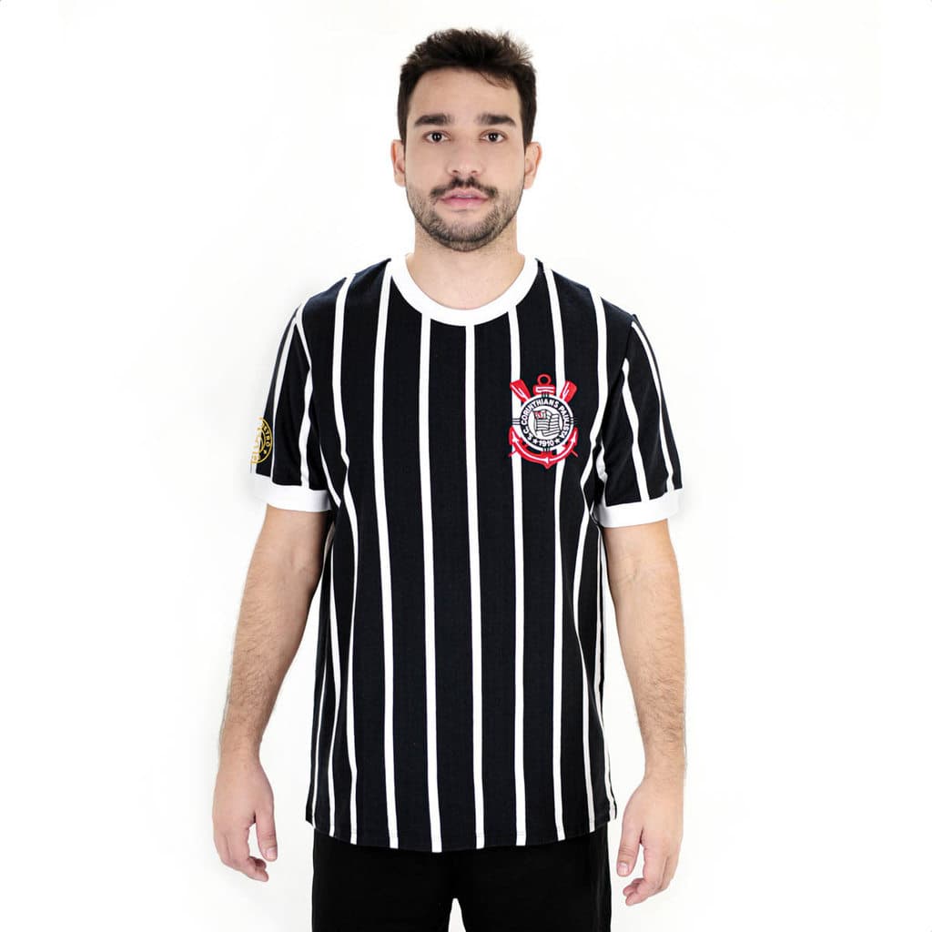 Camiseta de Time Coimbra Corinthians Retrô Listrado N8 Preto - Masculino
